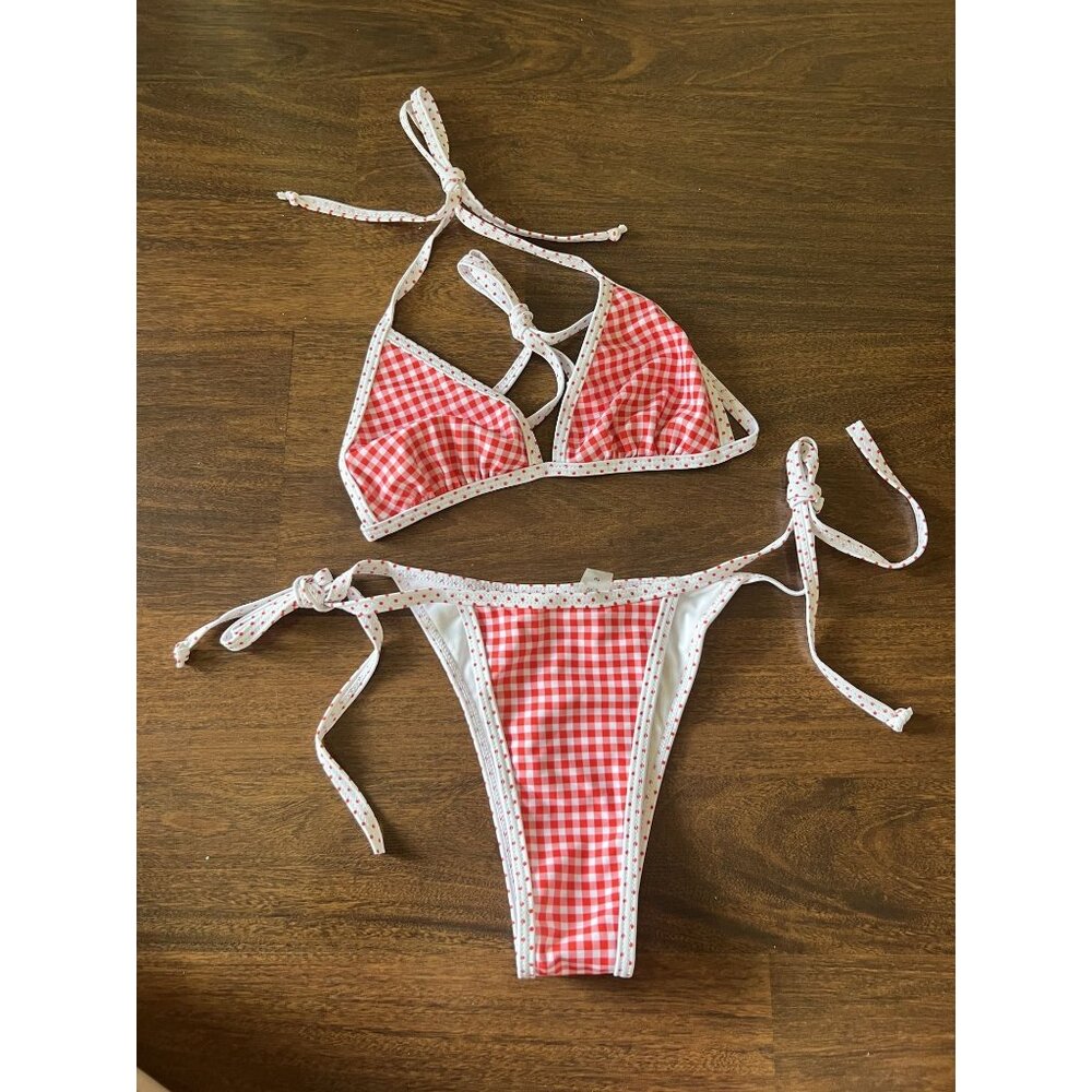 NWT SHEIN Bikini Set Small Red White Gingham Check Triangle Tie Top & Bottoms Sw